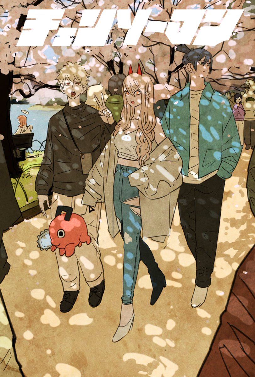 denji (chainsaw man) ,hayakawa aki ,power (chainsaw man) red horns multiple boys blonde hair pants cherry blossoms short hair long hair  illustration images