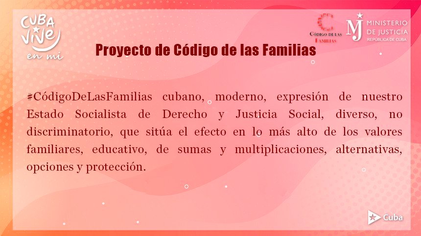 El #CódigoDeLasFamilias es una necesidad sentida y soñada por muchos, así como el logro del justo equilibrio entre el proyecto de vida de cada persona a partir de su autonomía y el libre desarrollo de la personalidad y el proyecto de vida familiar.

#FamiliasCubanas 🇨🇺