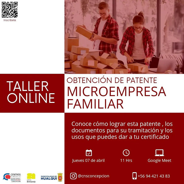 Taller. Obtención de Patente Microempresa Familiar

Jueves 7 de Abril 11.00 hrs.
Transmisión en vivo por Google Meet.
Más info en: agendabiobio.cl