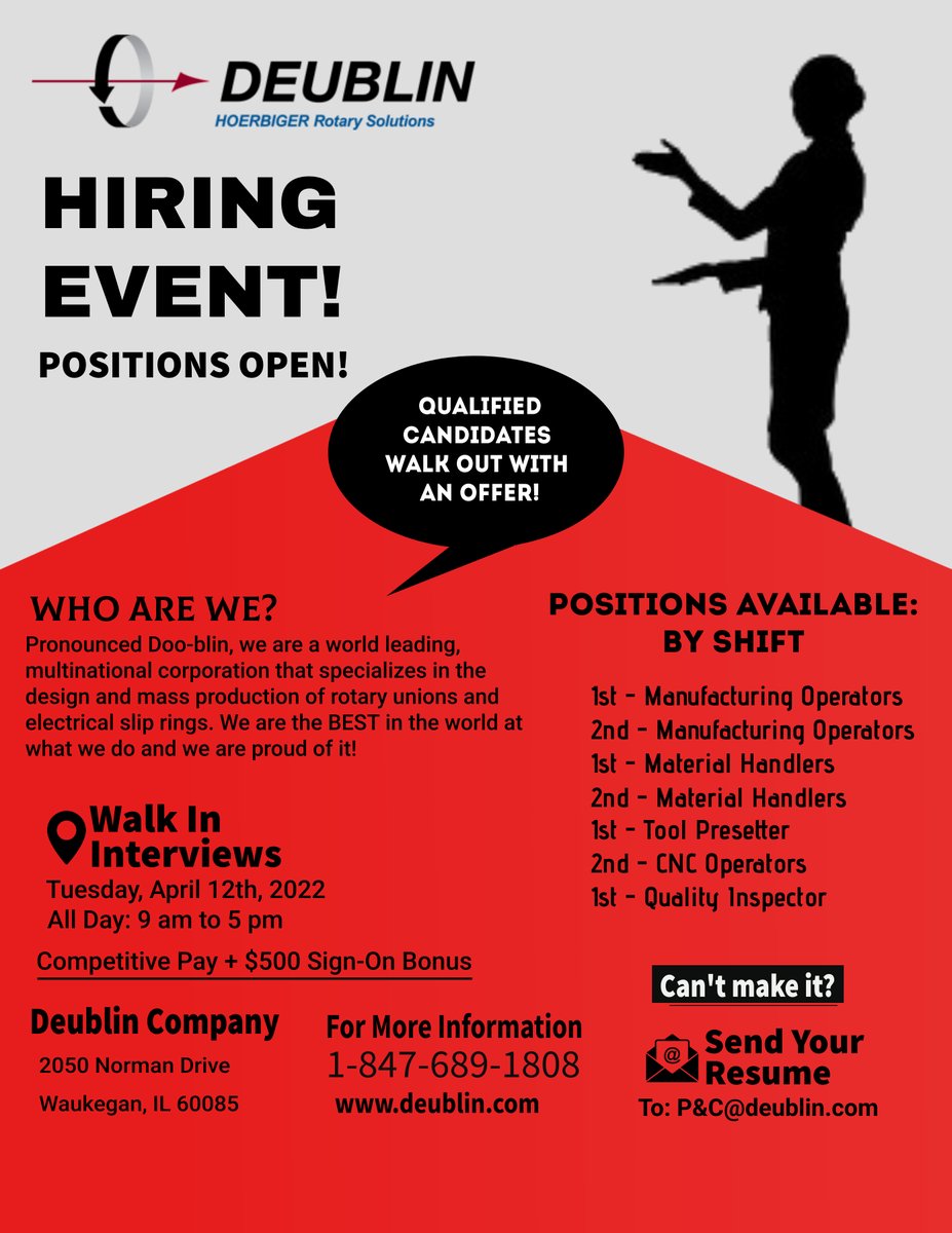 Deublin's tweet photo. Hiring Event Tuesday April 12th. Walk-ins welcome. Manufacturing Operators | Material Handlers | Tool presetter | CNC Operator
#HIRINGNOW #manufacturingjobs #hiringevent #cncoperators #cnc #jobs2022 #hiring https://t.co/vG947Hf4pc