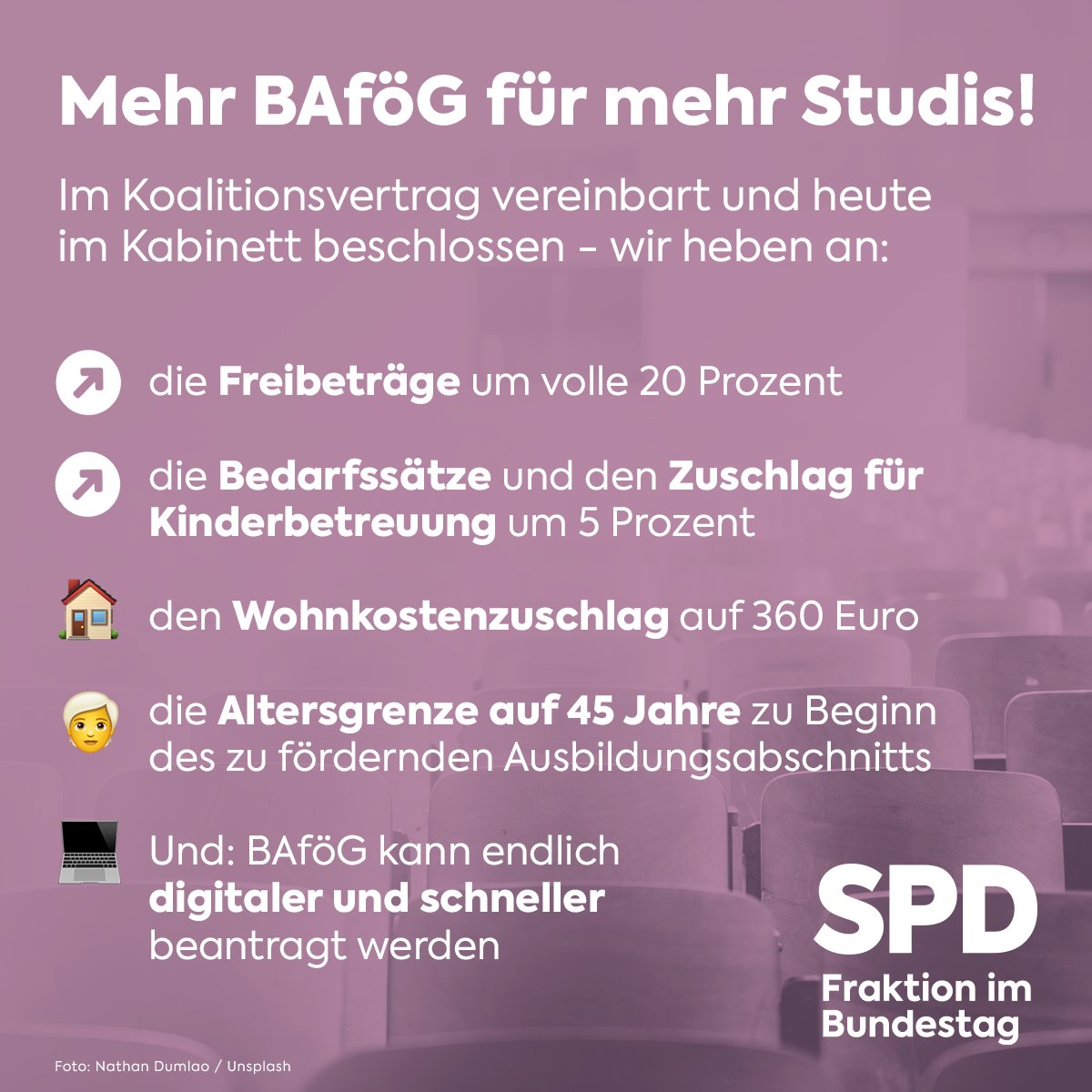 Einfach schön: Heute geht Teil 1 der #BAföG -Reform der🚦auf den Weg. Um 20% höhere Elternfreibeträge bedeuten v.a. deutlich mehr Geförderte. Sie alle werden von 8% höheren Leistungen profitieren. Gut so!
1/2
#Studierende #Studium #AusRespekt
<a href="/KSS_SN/">Konferenz Sächsischer Studierendenschaften</a> <a href="/SPDSachsen/">SPD Sachsen</a> <a href="/wifomd/">Wissenschaftsforum Mitteldeutschland</a> <a href="/LIZ_de/">Leipziger Zeitung</a>