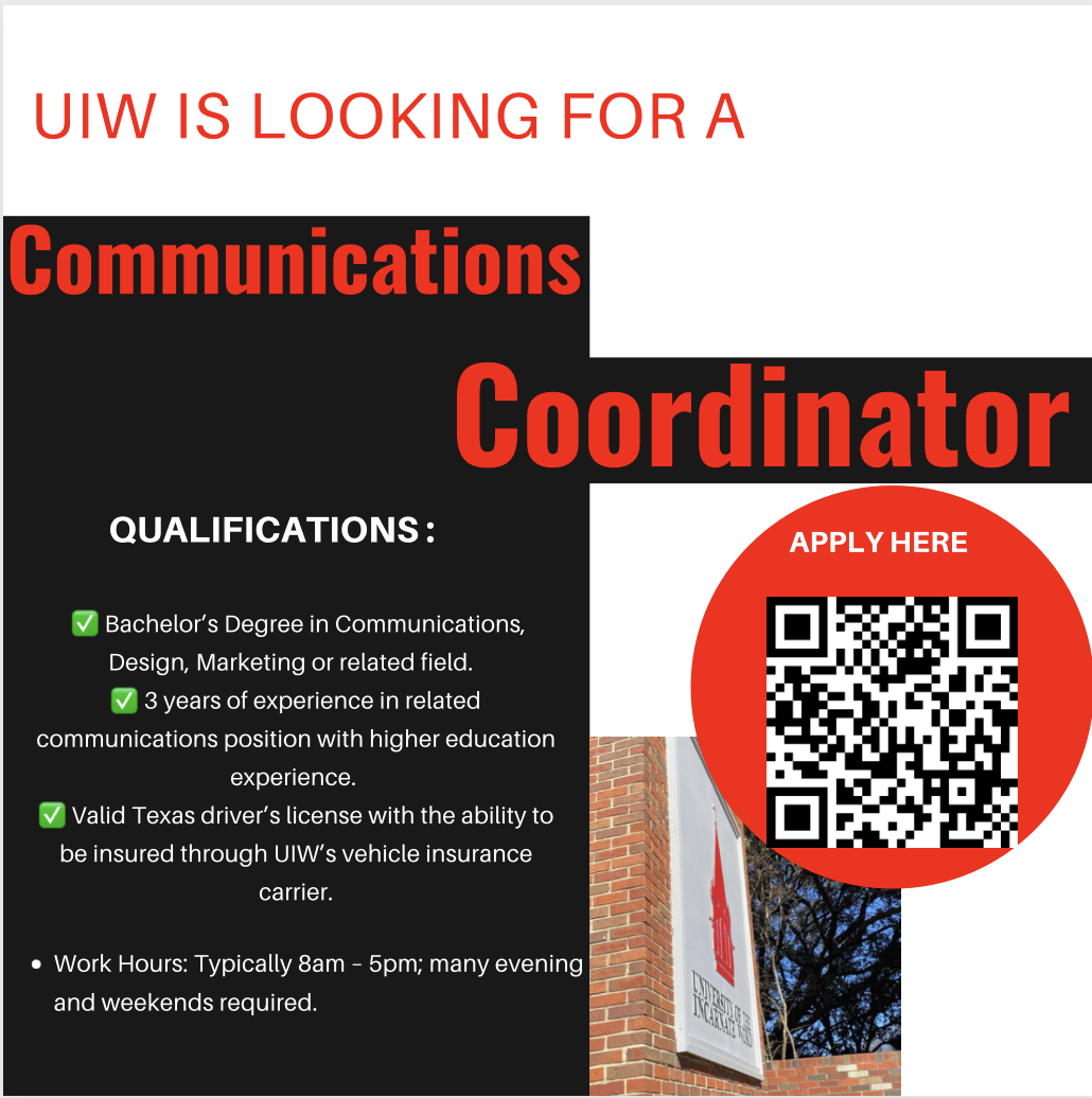 uiwcareers's tweet photo. Cardinals! UIW is looking for a Communications Coordinator!!
Interested? Check here for more info. & to Apply: https://t.co/LpWMcfPTKB
#uiwcareerservices #uiw #uiwcardinals #uiwcomm #uiwalumni #careers #communications https://t.co/osJwH8vAy5