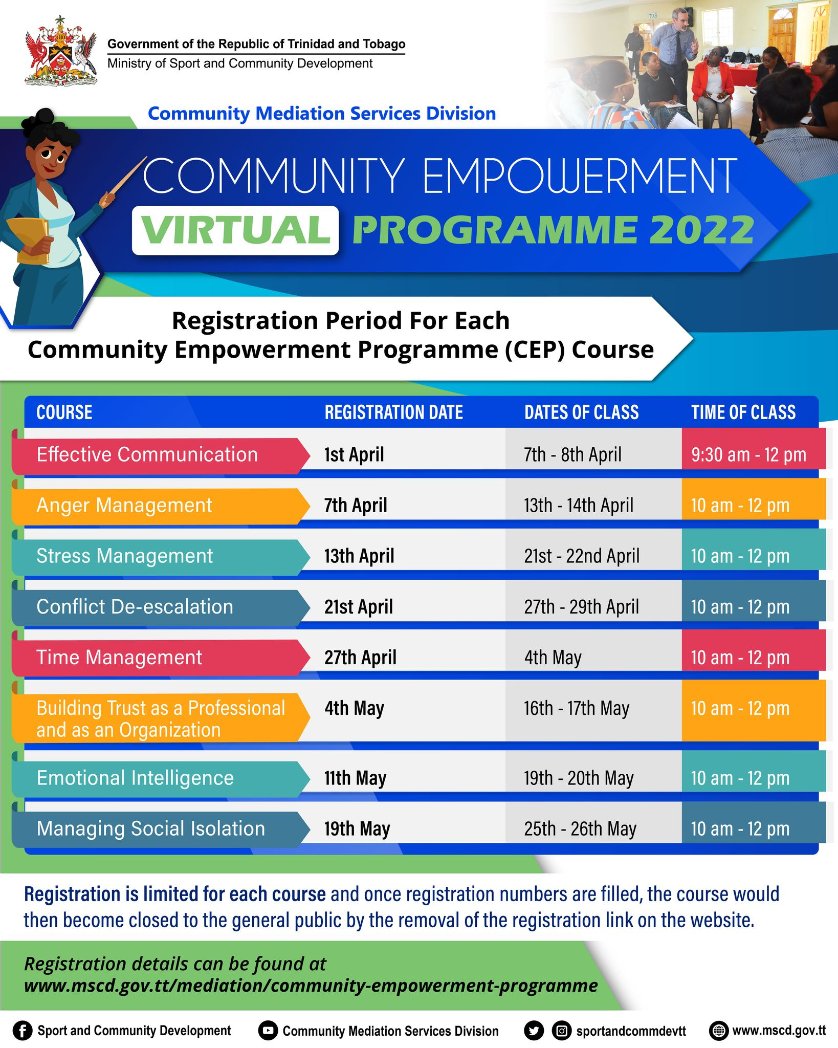 childline_tt's tweet photo. Don't miss out on FREE personal development courses offered as part of the Ministry of Sport and Community Development's 'Community Empowerment Programme 2022'! https://t.co/x3qArOXqz6