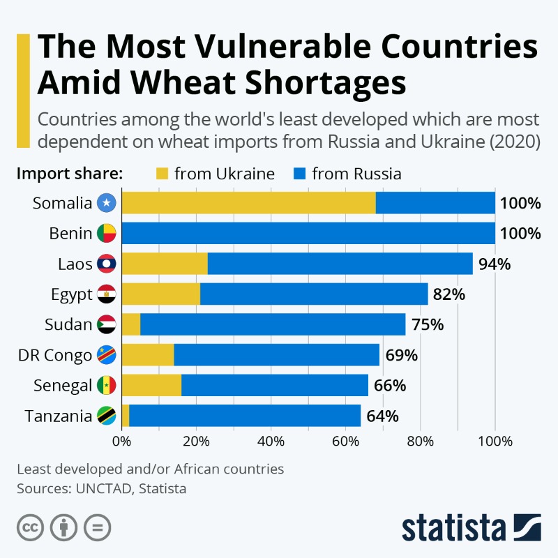 StatistaCharts's tweet photo. The war in Ukraine is endangering crucial #wheat supplies in many of the least developed countries in the world. Among them, countries in Africa and the Middle East, in particular, are heavily dependent on wheat imports from #Russia and #Ukraine.