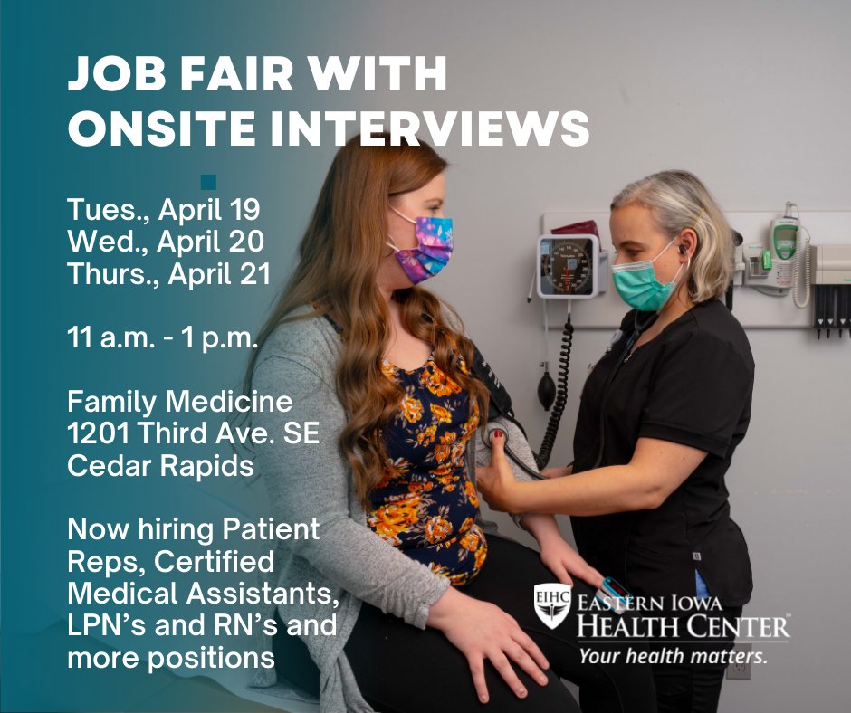 We are hiring! Visit us for an interview at our upcoming job fair from 11 a.m. - 1 p.m. on Tues., April 19, Wed., April 20 and Thurs., April 21 at our Family Medicine location! Bring your resume' or apply online at bit.ly/EIHCcareers.