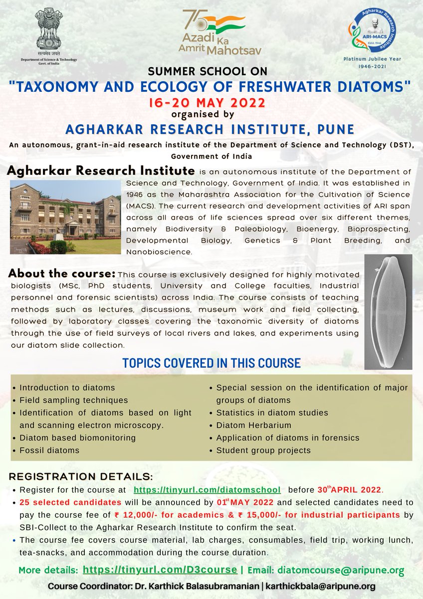 Summer School on Taxonomy and Ecology of Freshwater Diatoms at <a href="/ari_pune/">Agharkar Research Institute</a>. More details here sites.google.com/view/d3lab/cou…