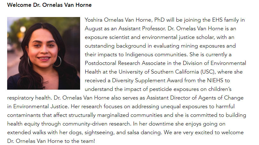 I am incredibly excited to announce that Dr. Yoshira Ornelas Van Horne will be joining Environmental Health Sciences <a href="/ColumbiaMSPH/">ColumbiaPublicHealth</a> as an Assistant Professor! Welcome <a href="/yoshi_ra/">Yoshiko Soraawr</a>! publichealth.columbia.edu/node/79701