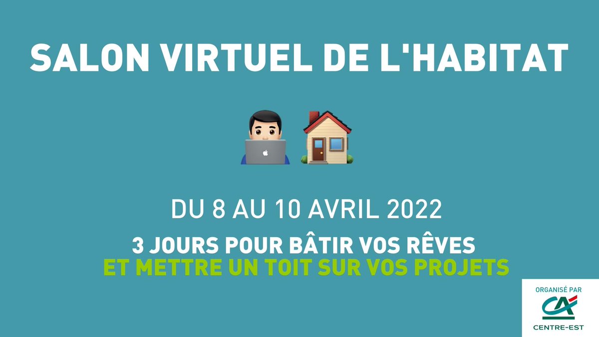 🏠🔑 Du 8 au 10 avril, retrouvez-nous au #salonvirtuel de l’habitat organisé par le <a href="/ca_centrest/">Crédit Agricole Centre-est</a> . 
Trois jours pour bâtir vos rêves et mettre un toit sur vos projets ! 
Inscription gratuite sur bit.ly/363cpiL 💻.