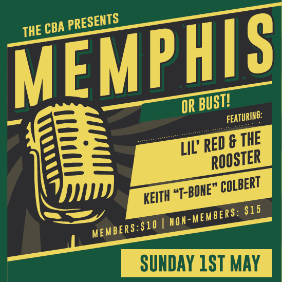 The Memphis or Bust fundraiser concert has been rescheduled! Donations will be accepted at the door. For more info check out the event on the CBA Facebook page: bit.ly/Memphis22