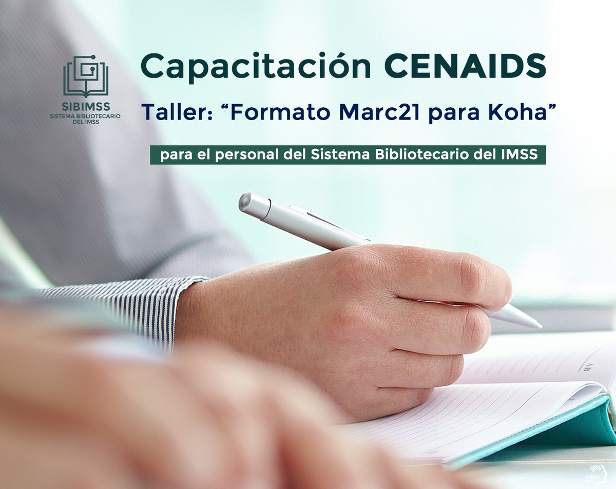 Saber_IMSS's tweet photo. #Entérate, del 4 al 8 de abril se imparte el taller: “Formato #Marc21 para #Koha”, con el personal del Sistema Bibliotecario del IMSS #SIBIMSS 📖 
¡Enhorabuena por los participantes! 
#CENAIDS 
#Capacitación 
#SigbKoha https://t.co/Kzg9UynvOg