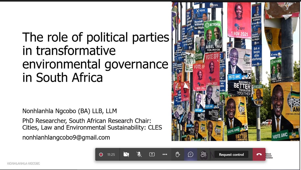 ChairCles's tweet photo. Very insightful presentations from Ms Nonhlanhla Ngcobo and Dr @RenskeSteyn on technology and political will. Is the South African local government sphere doing enough to realise environmental rights? https://t.co/HiZ1z9PaPd