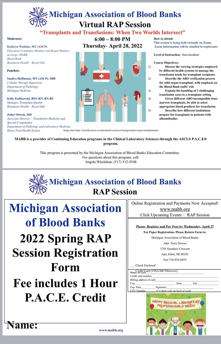 MichBloodBanks's tweet photo. Spring 2022 *VIRTUAL* RAP session “Transplants and Transfusions: when 2 Worlds Intersect” 
☑️Discuss w/ Local experts
☑️Challenging Cases
☑️1 hr PACE Credit!

4/28/22 6-8pm on ZOOM. 

Visit https://t.co/bhVMmPRZbv to register 

#Blooducation #TransfuseLocal https://t.co/3SI0DLAeUC
