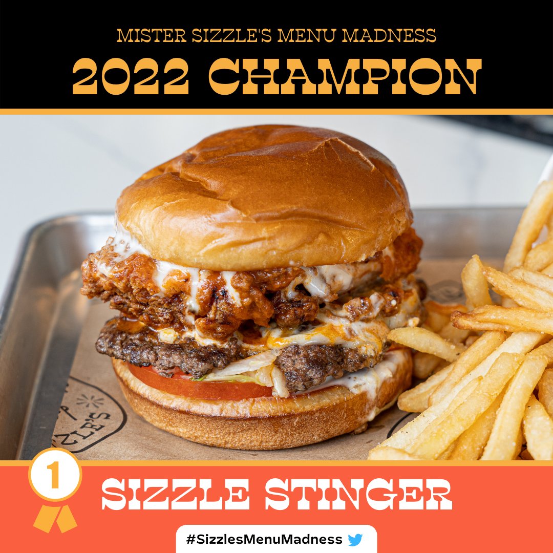 mister_sizzles's tweet photo. Drum roll please... 🥁🥁🥁

The winner of our first-ever #MarchMenuMadness is the legendary SIZZLE STINGER!!! Thank you to everyone who cast their votes!🙌⚡️🍔

Check back at 1 pm for our $100 gift card raffle winner! 💰🎊 Stay tuned! https://t.co/mC5IJosuGu