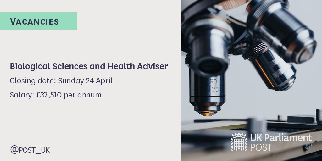 POST_UK's tweet photo. We're hiring a Biological Sciences and Health Adviser! You will provide independent and balanced analyses on public policy issues to both Houses of Parliament. 

Closing date: Sunday 24 April
Salary: £37,510 per annum

Apply now: https://t.co/fIaZWVVpcY https://t.co/IlQIiN7PCG