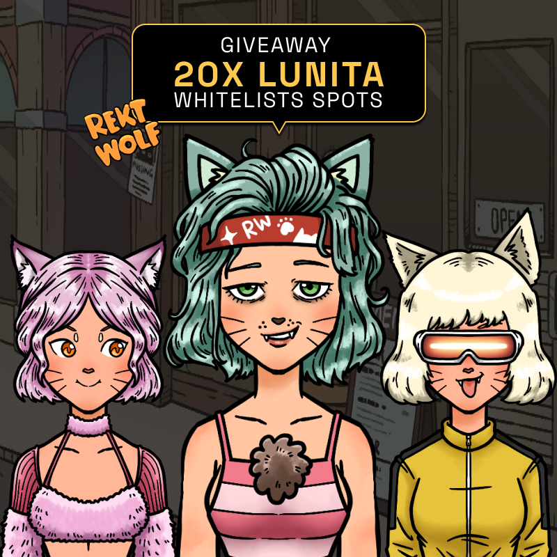 🚨 20 Whitelists for <a href="/lunita_nft/">RE:LUNITA (🙌,✨)</a> 🚨

Thank you to our frens <a href="/lunita_nft/">RE:LUNITA (🙌,✨)</a> for the giveaway!

1⃣ Follow <a href="/lunita_nft/">RE:LUNITA (🙌,✨)</a> and <a href="/rekt_wolf/">rekt_wolf</a>
2⃣ Like + RT + Tag 2 friends
3⃣ 20 WLs drawn in 72 hrs