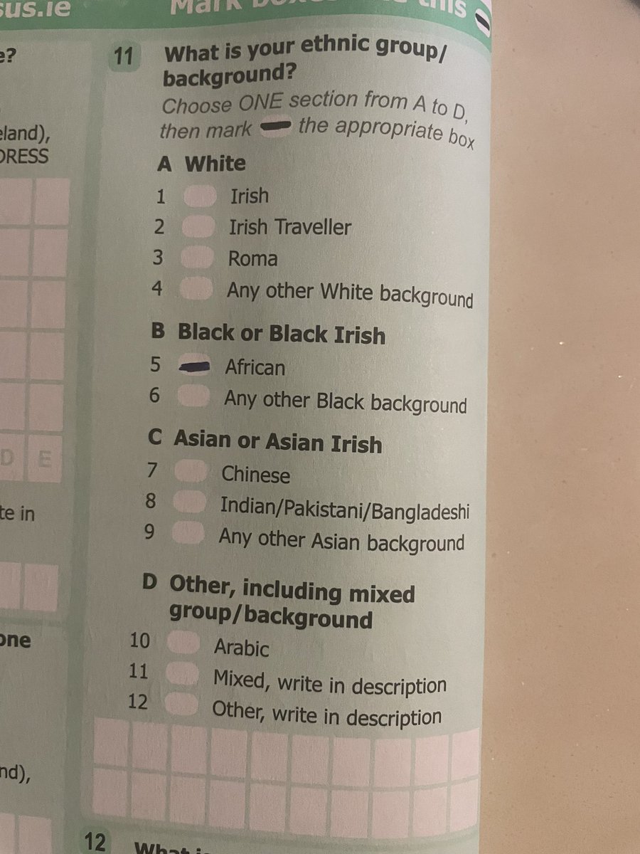 An 18 year old who is Irish, born in Ireland and has Black skin pigmentation is effectively not Irish?Does this not legalise whiteness as a req for Irish identity?
Box 1 is Irish
Box 5 is African
Seems we can’t afford a few more boxes to ensure all who belongs here belongs here?
