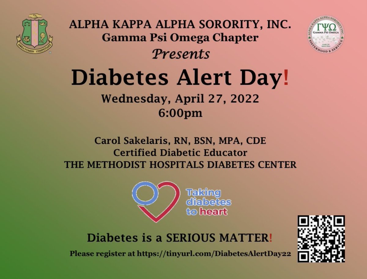 GammaPsiOmega44's tweet photo. Join Gamma Psi Omega Chapter on April 27, 2022 at 6pm for Diabetes Alert Day! Diabetes Alert Day focuses on the seriousness of diabetes and the importance of understanding your risk. 
#AKAGPO #DiabetesAwareness 

https://t.co/28olK9x0KQ https://t.co/pZ92KOg97s