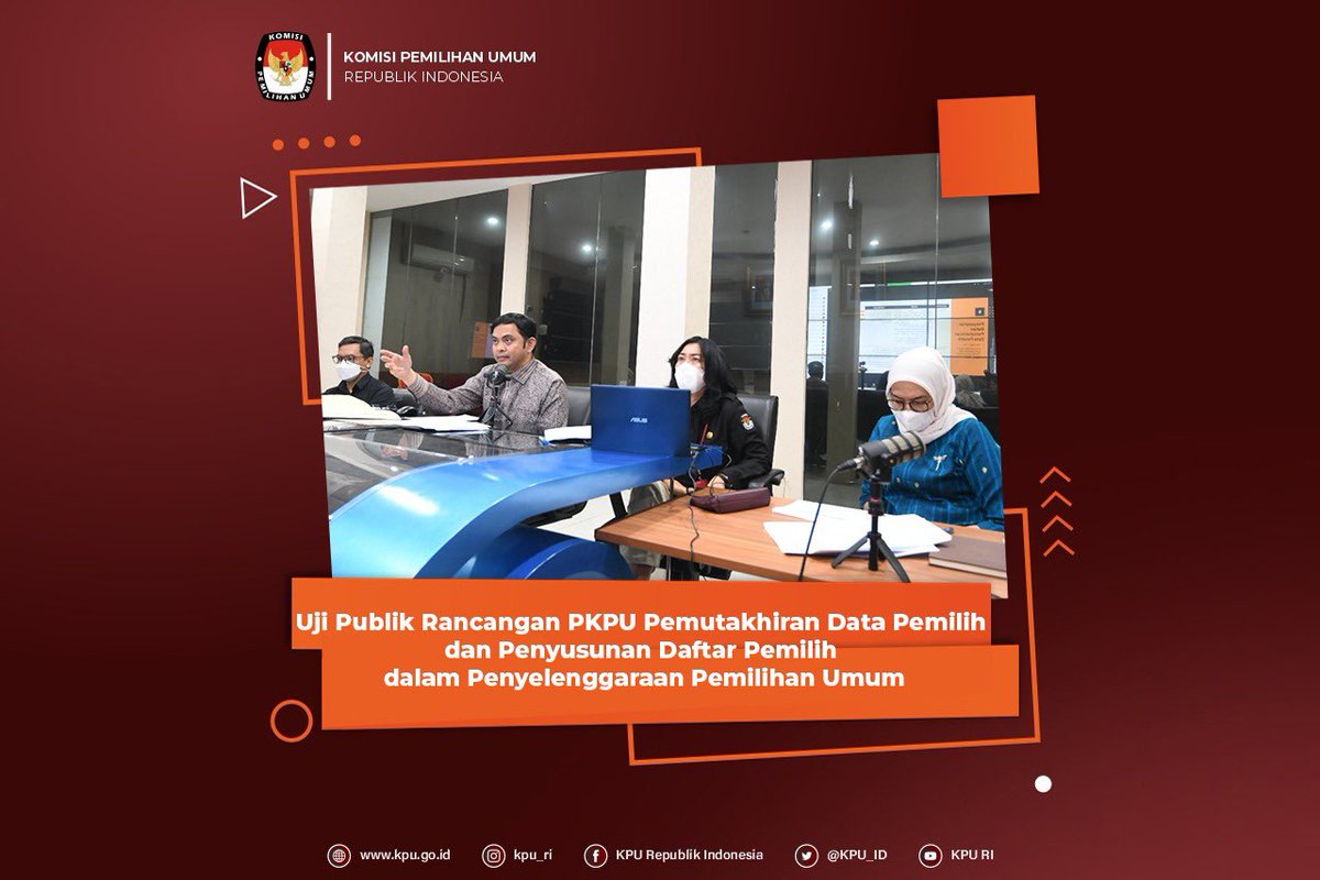 KPU_ID's tweet photo. #TemanPemilih, persiapan terus dilakukan KPU menghadapi dimulainya tahapan Pemilu 2024. Pada Rabu (6/04), berlangsung secara daring Uji Publik Rancangan PKPU Pemutakhiran Data Pemilih dan Penyusunan Daftar Pemilih Dalam Penyelenggaraan Pemilihan Umum. https://t.co/us7WijD0Ue