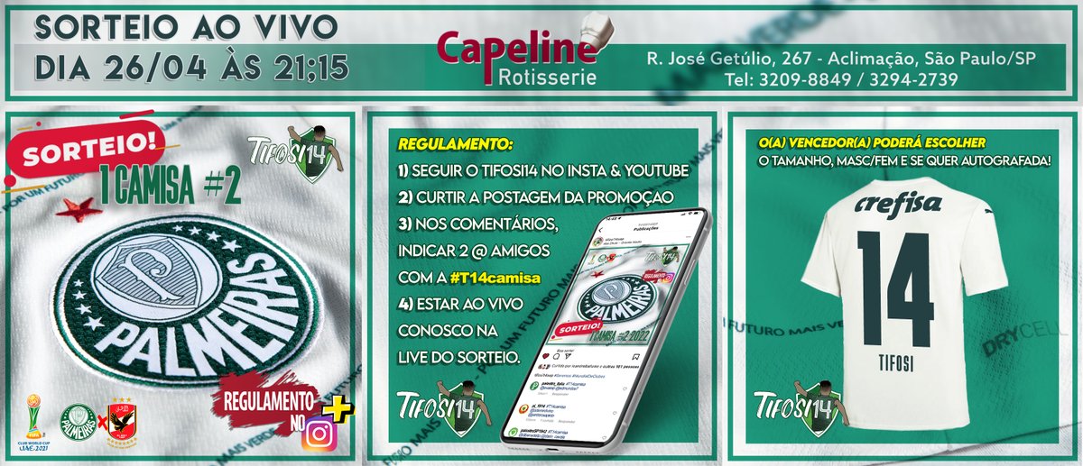 Tifosi14sep's tweet photo. SORTEIO da Camisa #2 2022 será REALIZADO durante a LIVE do dia 26/04, na #CAPELINE.
Não perca tempo! Clique 👇
https://t.co/thFYfVboPj
E SIGA TODAS as instruções!
@Porcolandia1914 @srgio_azevedo #AvantiPalestra #TodosSomosUm https://t.co/tv7Jqxkj8y