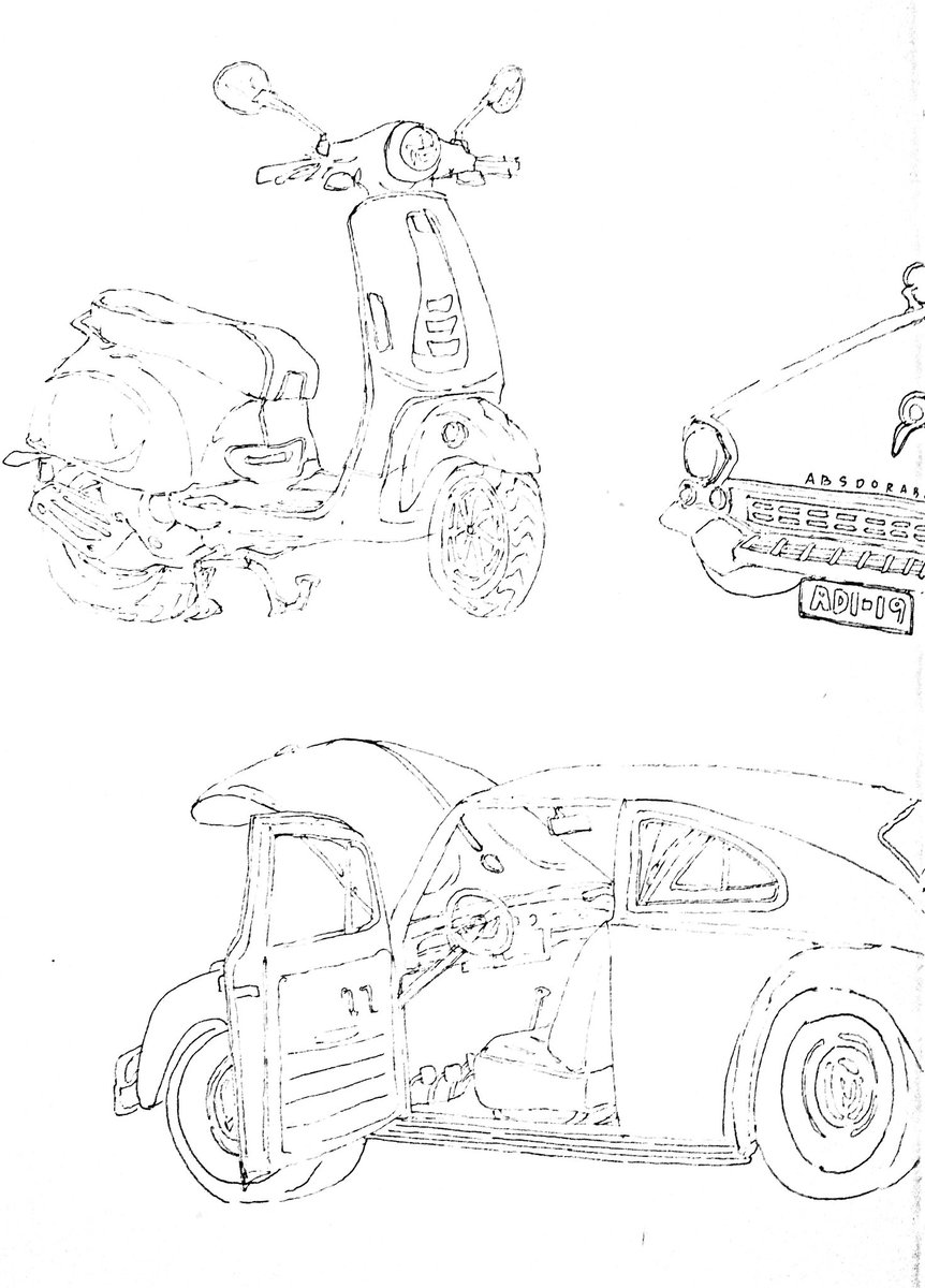 absdorable's tweet photo. Good evening loves!

Here's me trying to free hand draw automobiles and vespa. There are some parts that I definitely missed but overall I really love how these turned out.

#art #artistsontwitter #illustration #lineart https://t.co/xo6WWwqKoH