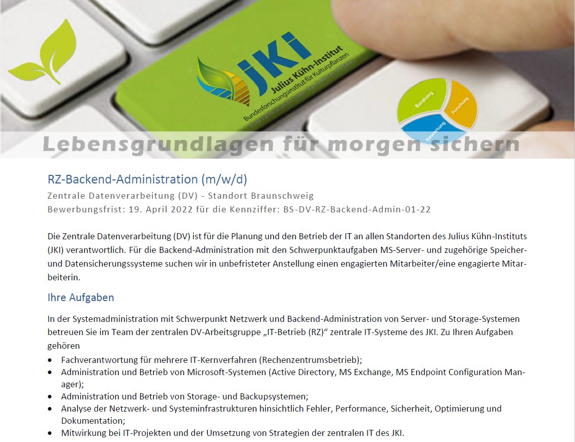 JKI_Bund's tweet photo. #Informatiker (m/w/d) aufgepasst: Bei unserer #Datenverarbeitung sind gleich drei Stellen zu besetzen, z.B. unbefristet für die RZ-Backend-Administration in #Braunschweig (bis TVöD E12): https://t.co/J4DBAm0fpP. Zertifiziert @berufundfamilie #Stellenausschreibung #Stellenangebot https://t.co/kHOh1Uo99B