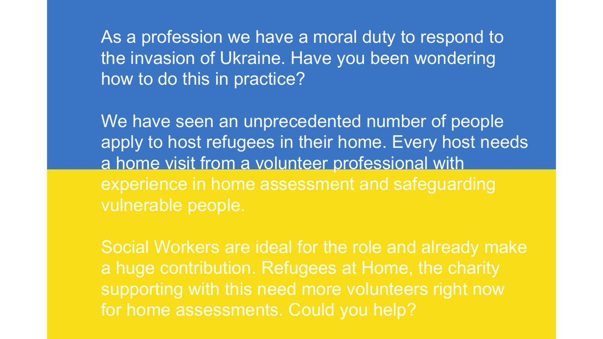 🚨🚨Urgent call for social workers🚨🚨 
Want to help support refugees in London? Meet <a href="/refugeesathome/">Refugees at Home🧡</a> and learn about volunteering to assess people putting themselves forward to host refugees.

Wednesday 27 April 7:00 – 8:00pm
Google Meet
Video call link: meet.google.com/fah-dnyc-afj