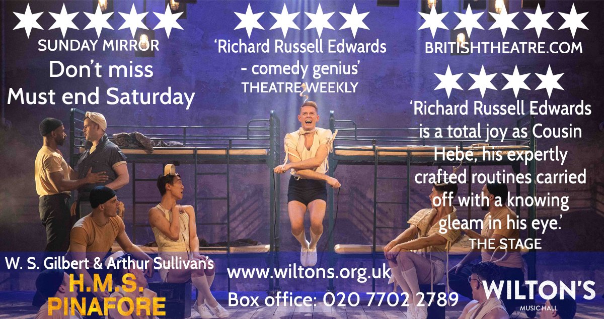 Last chance to see our brilliantly funny 'comedy genius' <a href="/RichardREdward/">RichRussEds</a> tonight in Sasha Regan's <a href="/OffWestEndCom/">OffWestEnd / Offies Awards</a> award nominated <a href="/allmalehms/">allmalehms</a> <a href="/WiltonMusicHall/">Wilton's Music Hall</a>. Step aboard landlubbers!  Must end Saturday.😘💪⚓️
🎟️wiltons.org.uk/whatson/698-h-… #operetta #theatre #londontheatre