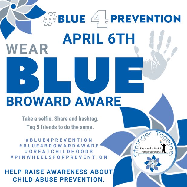 Today is Wear Blue for Broward AWARE!

Wear something blue in support of Child Abuse & Neglect Prevention on Wed., 4/6! 

Post a picture of you in your blues & tag us using the hashtags #Blue4BrowardAware or #Blue4Prevention.

#choozpeace @browardschools @CSCBroward @UnitedWayBC