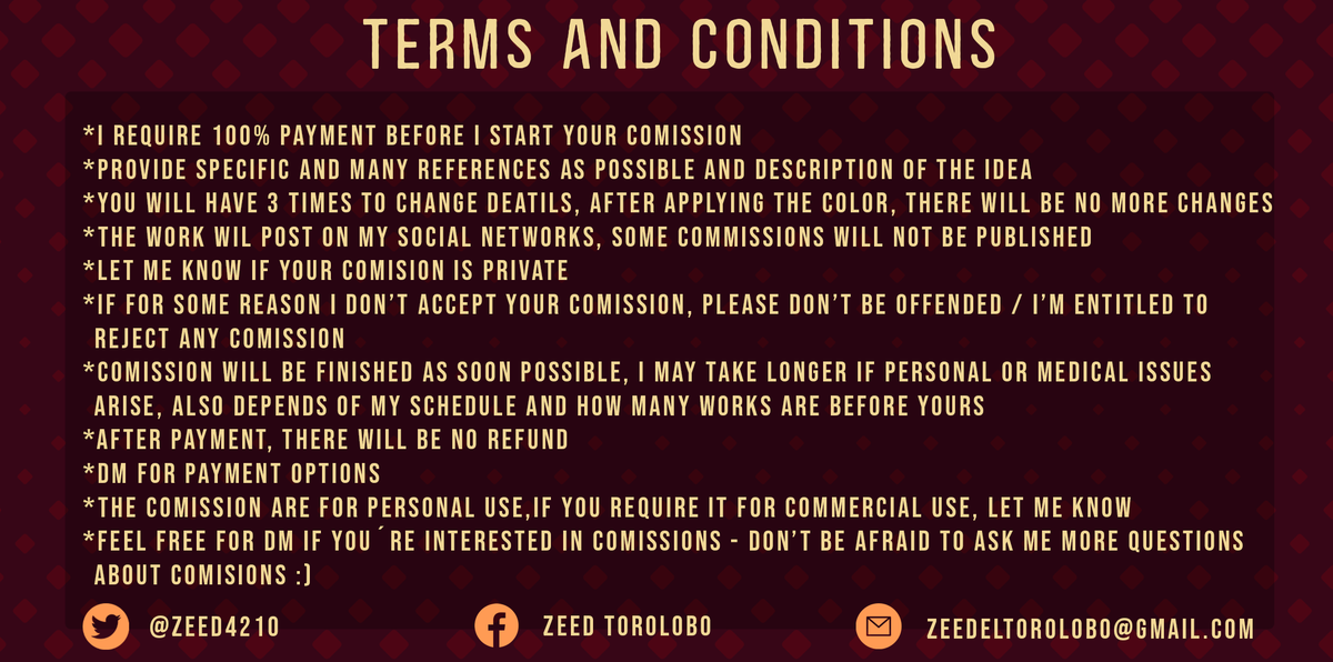 ZeedBullwolf's tweet photo. Finally I decided to start commissions, I hope you can support my drawings, I leave you my price list as well as the terms and conditions.
If you have any questions, don't hesitate to contact me through my social networks. https://t.co/8ocEBaedIO