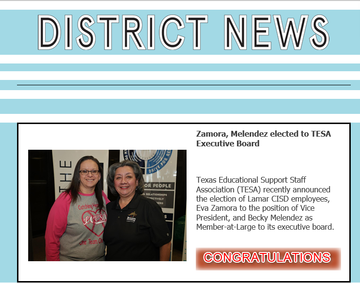 tesatexas's tweet photo. Lamar CISD recently recognized two of their employees, Eva Zamora &amp; Becky Melendez, for being elected to the 22-23 TESA Executive Board.  @LamarCISD @LamarCISDHR @LCESA_LCISD @evarodzam @becky_6583 https://t.co/w99Y5Yzb8A