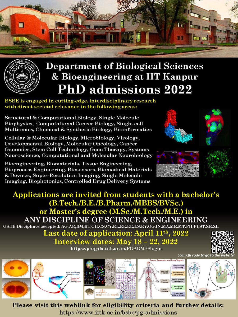 SankarIITK's tweet image. BSBE Department of IIT-Kanpur invites applications for its PhD program. Research projects pursued in the department are interdisciplinary. Students from any branch of science and engineering with passion for biology can apply. Last Date for application is April 11, 2022.
