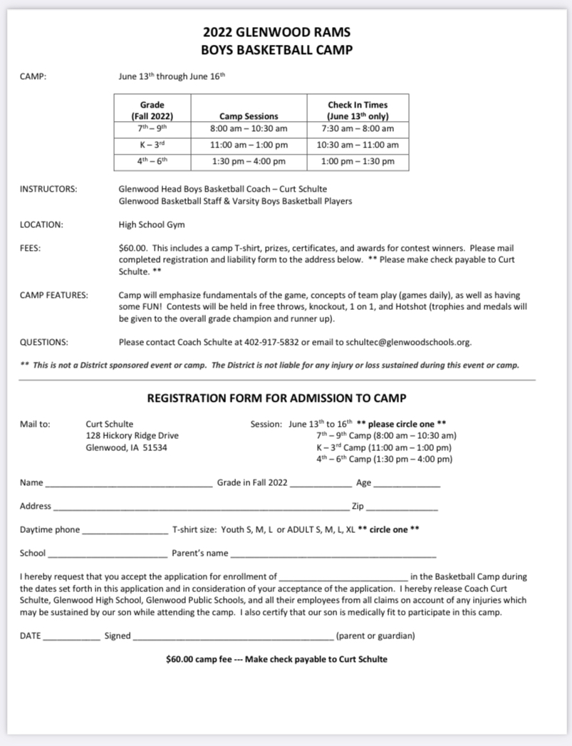 Boy’s Basketball Youth Camp Forms can be found here: docs.google.com/document/d/1WX… <a href="/Glenwoodbbb/">Glenwood BBB</a>