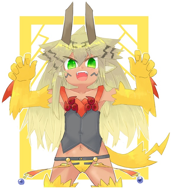 人工精霊ラッジボルト(人間態)
世話役のニーイちゃんを参考に変化。
街に降り立つとき等に人型になるが、まだ喋れない。
服になれてないのですぐ脱ぐ 