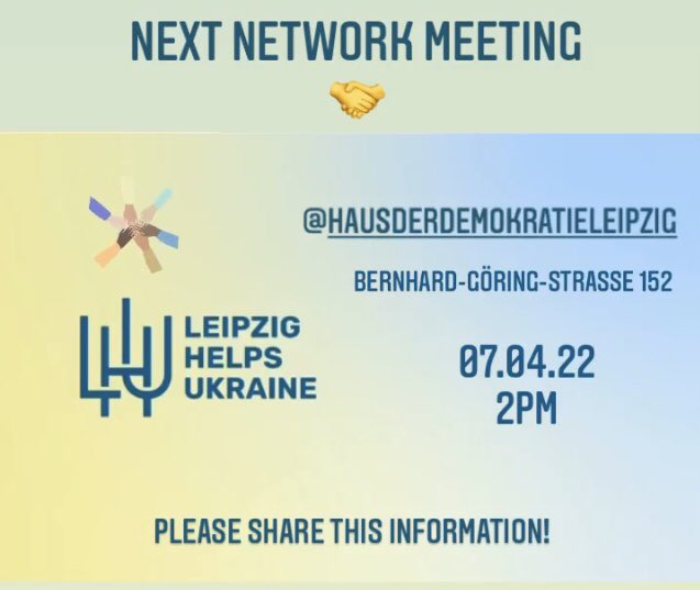 📣 Network &amp; Connect 🤝 Next meeting is held tomorrow at <a href="/HdDemokratie/">Haus der Demokratie Leipzig e.V.</a> 2pm! We see you there 👋 #network #StandWithUkriane