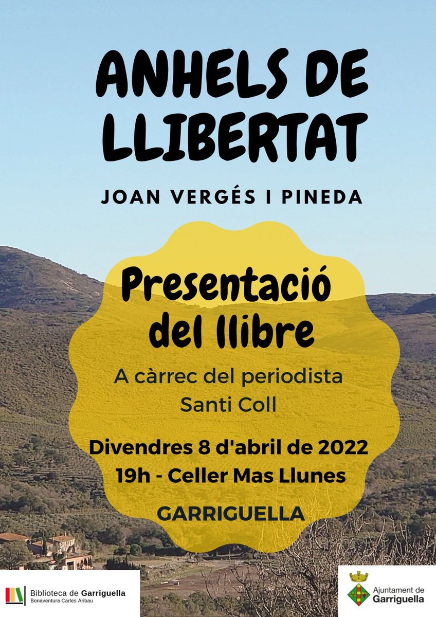 JVergesP's tweet photo. Aquest divendres presentaré “Anhels de llibertat” al @CellerMasLlunes @ajgarriguella , una història real amb molt de sentiment i una bona dosi d’aventura. M’acompanyarà el periodista Santi Coll, a partir de les  7 del vespre, hi esteu convidats! https://t.co/c2L5xYP5Mj