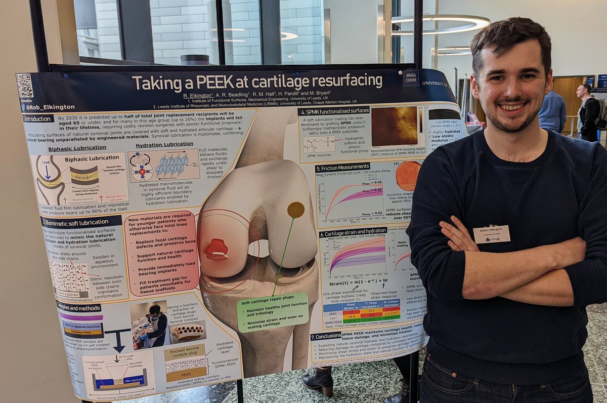 Come and take a PEEK at cartilage resurfacing with me <a href="/Tribouk_Conf/">TriboUK</a> 

My research explores the biotribological characteristics of functionalised PEEK for focal cartilage resurfacing

Check it out! 

#MedTech #hydrogel #kneeimplant #orthotwitter #tribology #medicalresearch