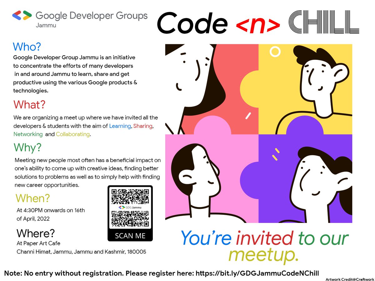 GDGJammu's tweet image. Code &amp;lt;n&amp;gt; Chill | Meetup | GDG Jammu

A initiative by GDG Jammu: The idea behind this meetup is Learning, Sharing, Networking and Collaborating

Link: gdg.community.dev/events/details…

#GDGJammu @GDGIndia