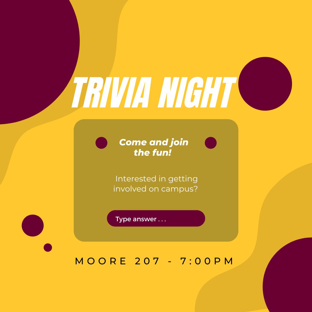 CMU_CA's tweet photo. Trivia Night! ⁉️ 

Come and join us for some fun to unwind the stress as the semester comes to a close.

Interested in getting involved on campus? Attend tonight’s meeting to learn about upcoming E-Board elections for CA.

Hope to see you tonight! https://t.co/YSfYmFavFH