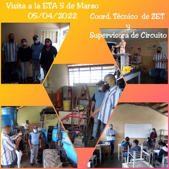 Visita del Coordinador Técnico de la ZET y Supervisora del <a href="/3Educativo/">Circuito Educativo 200101003</a> a la @eta5demarzo <a href="/MPPETachira/">ZonaEducativaTáchira</a> #MunicipioAndrésBello <a href="/NicolasMaduro/">Nicolás Maduro</a> <a href="/Berzabethg1/">Berzabethgandicaoficial</a> #EstadoTáchira ❤️🇻🇪Abril 2022
@MPPEDUCACION <a href="/_LaAvanzadora/">Yelitze Santaella</a> <a href="/supervisionZET1/">SupervisionZET</a> <a href="/Crazet2011/">Crazet2011</a>  <a href="/TecnicasTachira/">Escuelas Técnicas Táchira</a> <a href="/ETRZTACHIRA/">ESCUELAS TECNICAS</a>