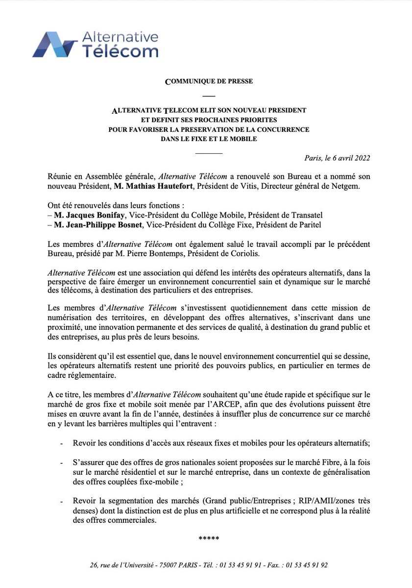 AlternativeTel's tweet image. La préservation de la concurrence dans le fixe et le mobile est l’une des priorités d'@AlternativeTel et de son nouveau président @M_Hautefort !

Retrouvez notre CP ⬇️