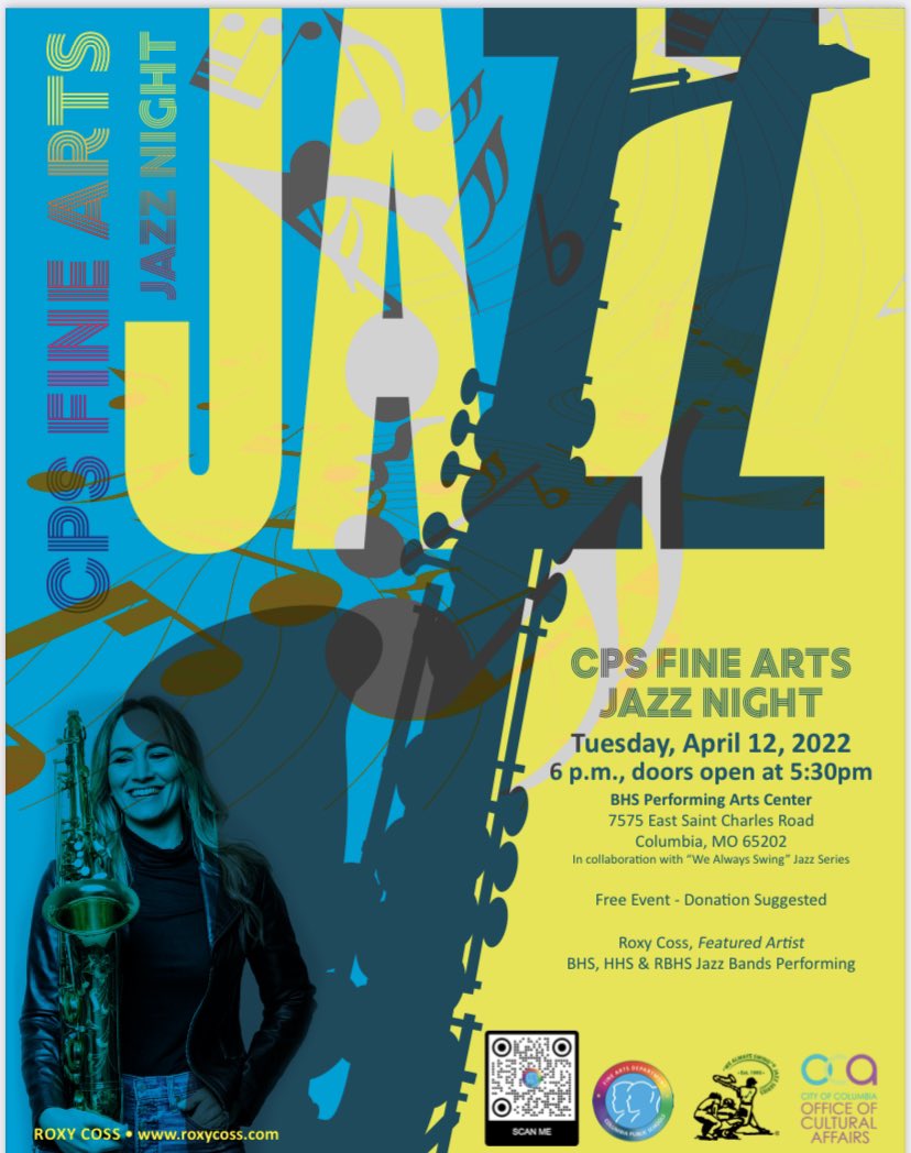 CPS Jazz Night is almost here! 🎉🎶

Come enjoy an evening of jazz music featuring all of CPS’s high school jazz groups, who will each feature our guest artist Roxy Coss. It’s going to a swinging good time! 
@wealwaysswing <a href="/roxycoss/">Roxy Coss</a> 
<a href="/kewpiemedia/">KewpieMedia</a> <a href="/HickmanHS/">Hickman High School</a>