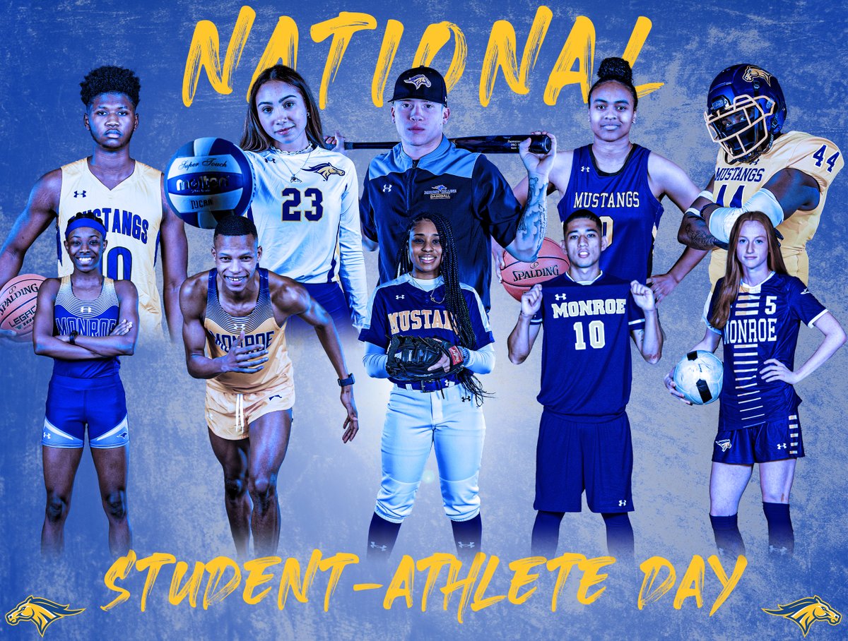 MonroeMustangs's tweet photo. Monroe Mustang student-athletes make us proud every year, every season, every day. They achieve success on the field and in the classroom. We are privileged to call each of our student-athletes a Mustang, and are excited to celebrate #NationalStudentAthleteDay!

#GoHereGrowHere https://t.co/BugIrNkgyX