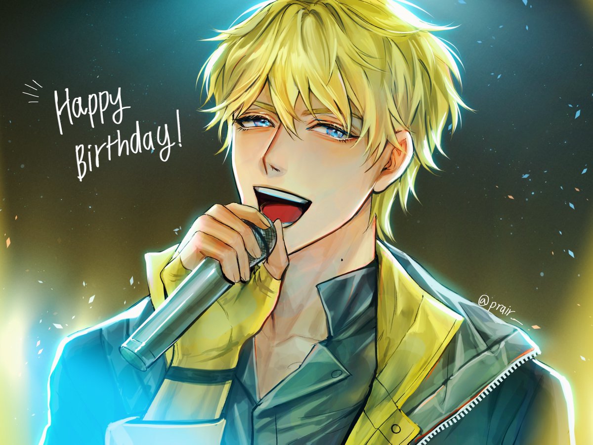 1boy male focus blonde hair blue eyes microphone solo gloves  illustration images