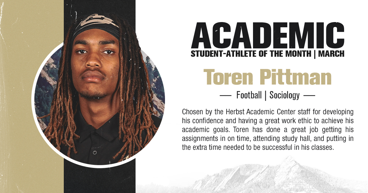 BuffsHACademics's tweet photo. Congratulations to Toren Pittman @TorenPittman 
for being selected as one of our Herbst Academic Center student-athletes of the month for April! 
@CUBuffsFootball @CUBuffsLead @nfoura
#HACademics #GoBuffs #STUDENTathlete https://t.co/nz2PcvQ1nt