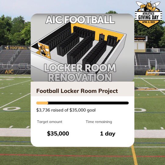 AICFootball's tweet photo. We will be updating you as Athletic Giving Day goes throughout the day. The link is live! Donate and support the AIC Football team ! https://t.co/2ltZPAxib1
