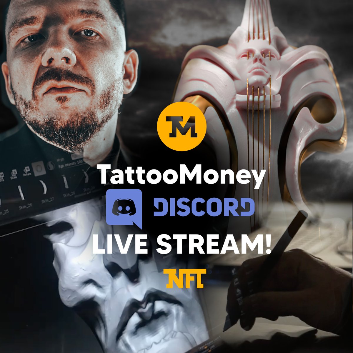 🚨Only few hours left until Tofi's livestream🚨

🔗discord.com/invite/tattoom…

#livestream #nftart #NFTartist #zbrush #3dart #NFTcreators #liveworkshop #tattoomoney #Discord #tattooartist