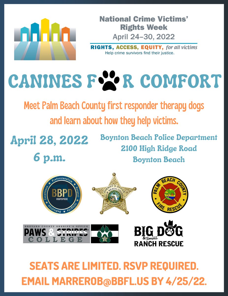 Meet K9 Elliot and learn about how therapy dogs help victims in Palm Beach County! RSVP required. #SAAM @PBCDVS @PBCountySheriff @PBFireRescue
