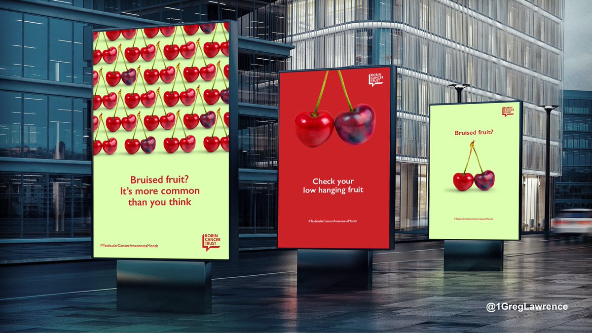 1GregLawrence's tweet photo. @OneMinuteBriefs from yesterday: 
Promote #TesticularCancerAwarenessMonth with The Robin Cancer Trust #TalkingBollocks.

Answer: Bruised Fruit?

#copywriting #cancer #healthcare #creativity #marketing #advertisingandmarketing #nhs #socialmedia
@sailorcreative @nishaparmar https://t.co/hs9Ty8pFmJ