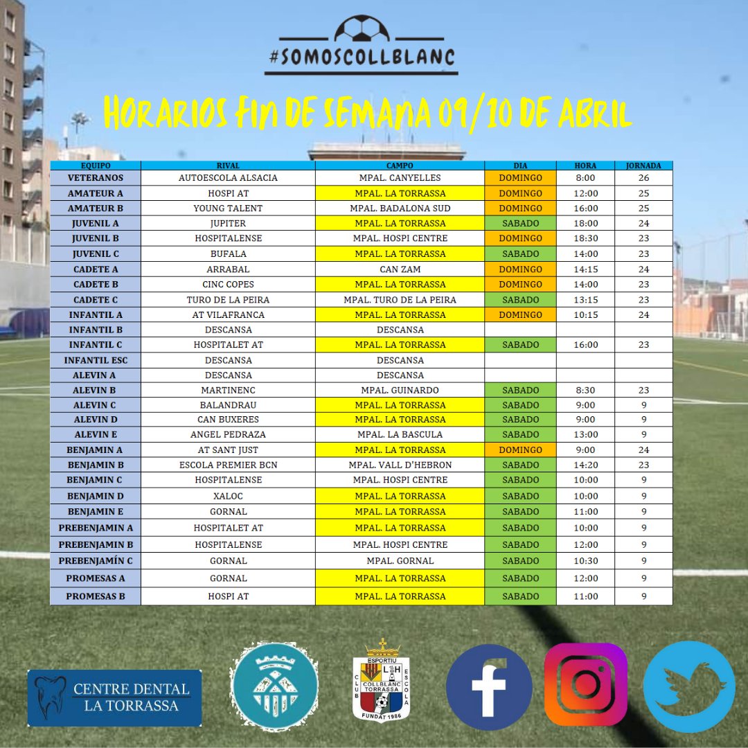 [🕐HORARIOS PARTIDOS FIN DE SEMANA 🗓️ 09 Y 10 DE ABRIL]

¡Suerte a todos!

@centro_dental_la_torrassa #patrocinadoroficial #somoscollblanc