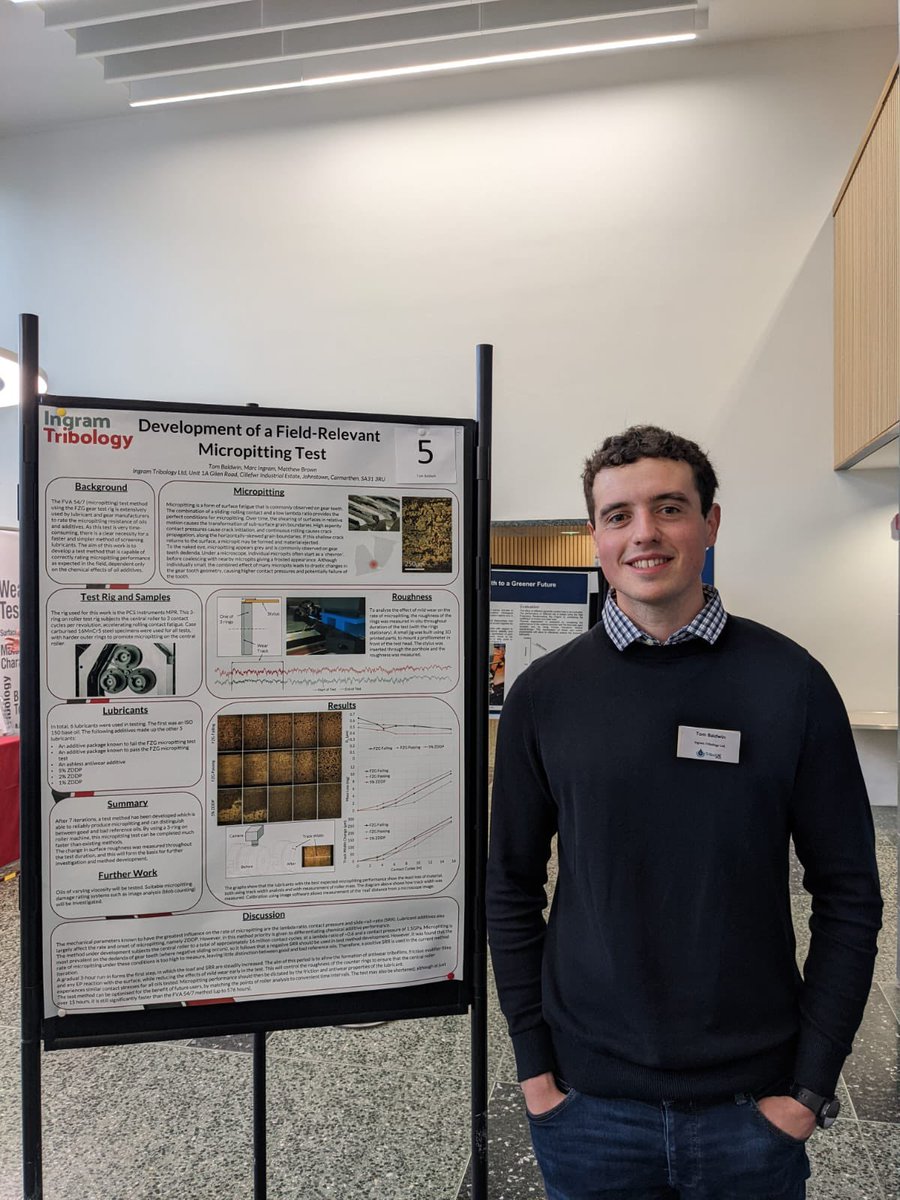 ITribology's tweet photo. Tom and Matthew from Ingram Tribology are attending #Tribouk at @imperialcollege. Tom is presenting his work on micropitting test development. Matthew is showing his investigations into 3D printed surface friction. Well done both! #tribology @Tribouk_Conf https://t.co/1gos1MJ2e1